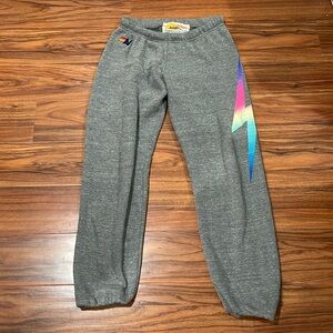 Aviator Nation Gray Sweatpants with Rainbow Lightning Bolt